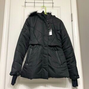 XOXO Black Vegan Quilted Puffer Jacket with Hood NWTS